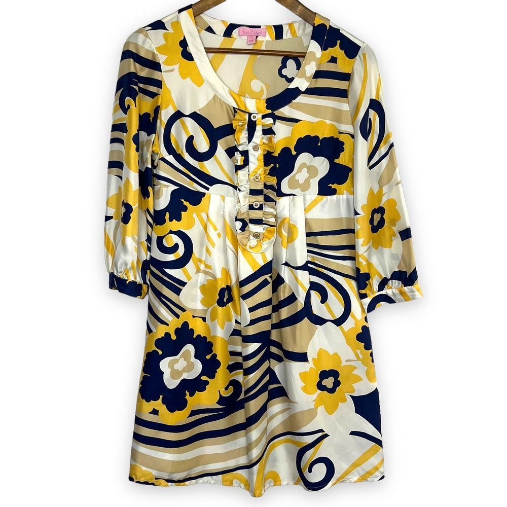 Lilly Pulitzer Silk White Yellow Navy Floral Ruffle Tunic Shift Dress Size 4